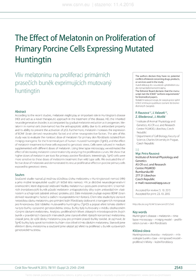 The effect of melatonin on proliferation of primary porcine cells expressing mutated HuntingtinVliv melatoninu na proliferaci primárních prasečích buněk exprimujících mutovaný huntingtin