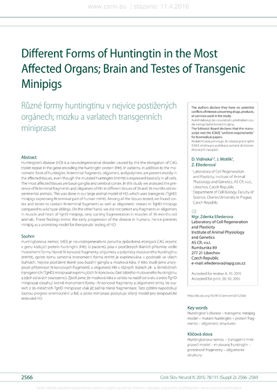Different forms of huntingtin in the most affected organs; brain and testes of transgenic minipigsRůzné formy huntingtinu v nejvíce postižených orgánech; mozku a varlatech transgenních miniprasat