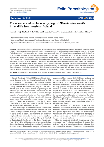 Prevalence and molecular typing of Giardia duodenalis in wildlife from eastern Poland