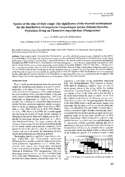 Species at the edge of their range: The significance of the thermal environment for the distribution of congeneric Craspedolepta species (Sternorrhyncha: Psylloidea) living on Chamerion angustifolium (Onagraceae)