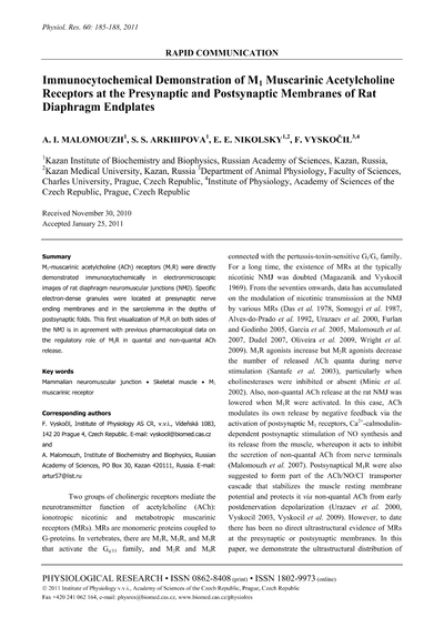 Immunocytochemical demonstration of M1 muscarinic acetylcholine receptors at the presynaptic and postsynaptic membranes of rat diaphragm endplates: A. I. Malomouzh ... [et al.]