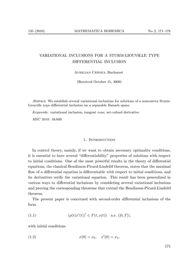 Variational inclusions for a Sturm-Liouville type differential inclusion