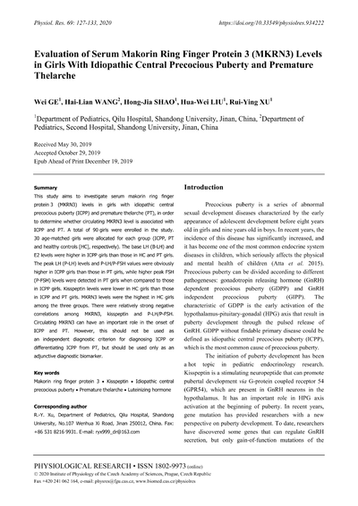 Evaluation of serum makorin ring finger protein 3 (MKRN3) levels in girls with idiopathic central precocious puberty and premature thelarche