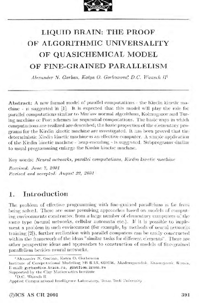 Liquid brain: the proof of algorithmic universality of quasichemical model of fine-grained parallelism