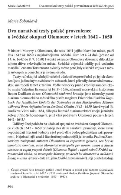 Dva narativní texty polské provenience o švédské okupaci Olomouce v letech 1642-1650Two Narrative Texts of Polish Origin about the Swedish Occupation of Olomouc from 1642 to 1650