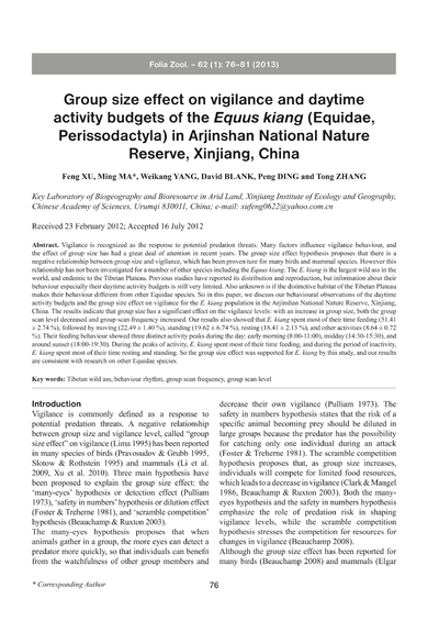 Group size effect on vigilance and daytime activity budgets of the Equus kiang (Equidae Perissodactyla) in Arjinshan Natoonal Nature Reserve, Xinjiang, China