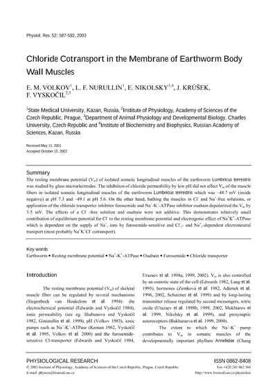 Chloride cotransport in the membrane of earthworm body wall muscles