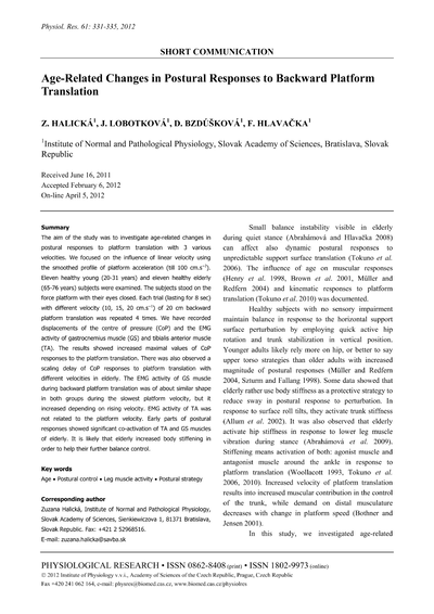 Age-related changes in postural responses to backward platform translation