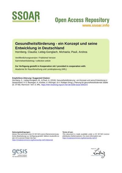 Gesundheitsförderung - ein Konzept und seine Entwicklung in DeutschlandPromoting health - a concept and its development in Germany