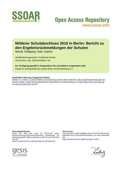 Mittlerer Schulabschluss 2010 in Berlin: Bericht zu den Ergebnisrückmeldungen der Schulen