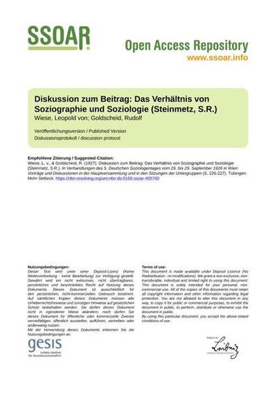 Diskussion zum Beitrag: Das Verhältnis von Soziographie und Soziologie (Steinmetz, S.R.)