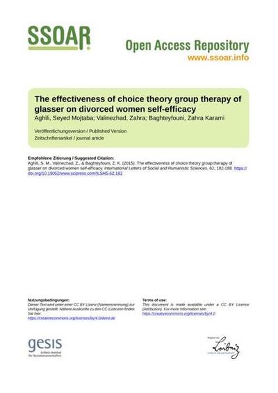 The effectiveness of choice theory group therapy of glasser on divorced women self-efficacy
