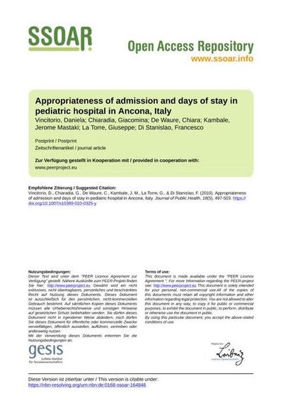 Appropriateness of admission and days of stay in pediatric hospital in Ancona, Italy