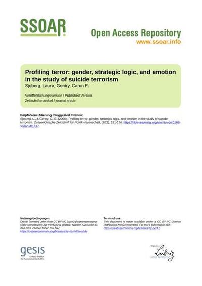 Profiling terror: gender, strategic logic, and emotion in the study of suicide terrorismTerrorismusprofile: Geschlecht, strategische Logik und Emotionen in der Erforschung des Selbstmordterrorismus