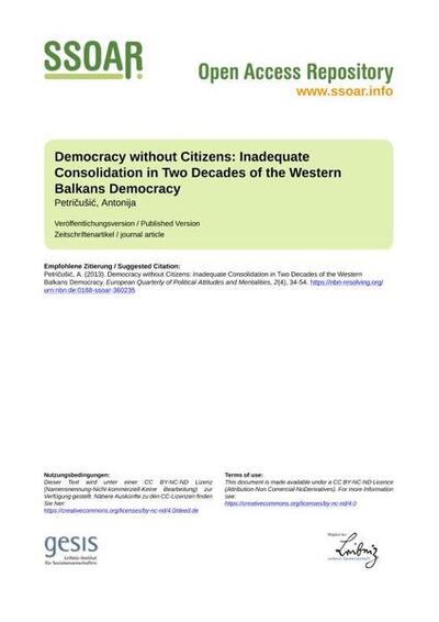 Democracy without Citizens: Inadequate Consolidation in Two Decades of the Western Balkans Democracy