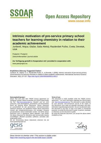 Intrinsic motivation of pre-service primary school teachers for learning chemistry in relation to their academic achievement