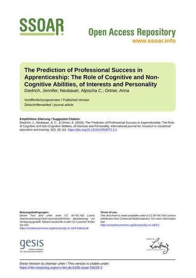 The Prediction of Professional Success in Apprenticeship: The Role of Cognitive and Non-Cognitive Abilities, of Interests and Personality