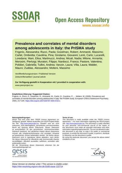 Prevalence and correlates of mental disorders among adolescents in Italy: the PrISMA study