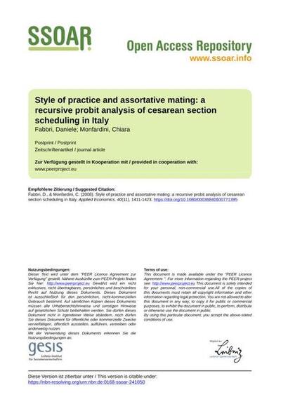 Style of practice and assortative mating: a recursive probit analysis of cesarean section scheduling in Italy