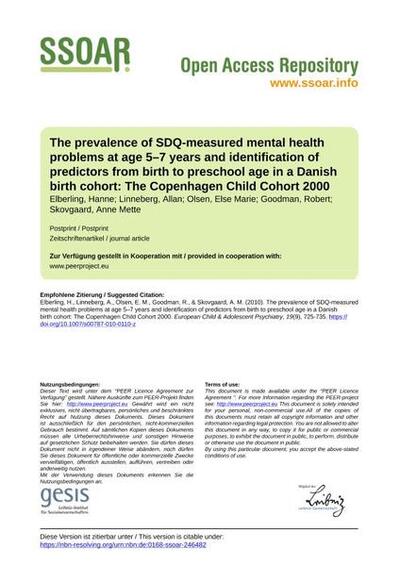 The prevalence of SDQ-measured mental health problems at age 5–7 years and identification of predictors from birth to preschool age in a Danish birth cohort: The Copenhagen Child Cohort 2000