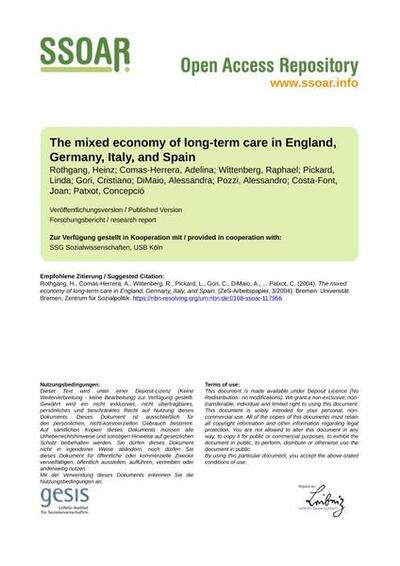 The mixed economy of long-term care in England, Germany, Italy, and SpainDie gemischte Wirtschaft der Langzeitpflege in England, Deutschland, Italien und Spanien