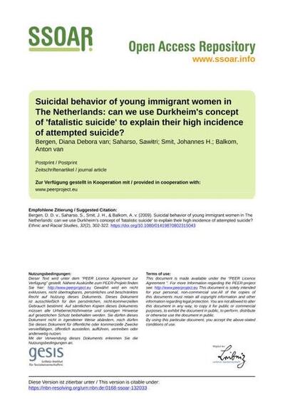Suicidal behavior of young immigrant women in The Netherlands: can we use Durkheim's concept of 'fatalistic suicide' to explain their high incidence of attempted suicide?