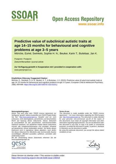 Predictive value of subclinical autistic traits at age 14–15 months for behavioural and cognitive problems at age 3–5 years