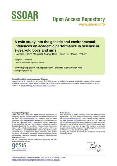 A twin study into the genetic and environmental influences on academic performance in science in 9-year-old boys and girls