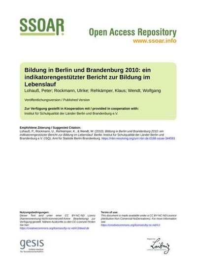 Bildung in Berlin und Brandenburg 2010: ein indikatorengestützter Bericht zur Bildung im Lebenslauf