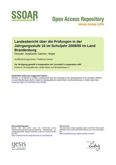 Landesbericht über die Prüfungen in der Jahrgangsstufe 10 im Schuljahr 2008/09 im Land Brandenburg
