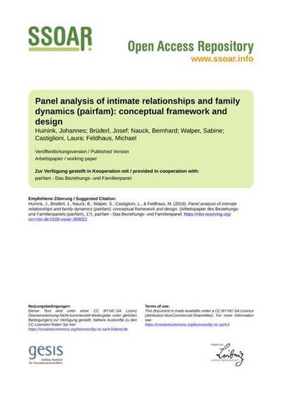 Panel analysis of intimate relationships and family dynamics (pairfam): conceptual framework and designPanel Analysis of Intimate Relationships and Family Dynamics (pairfam): konzeptioneller Rahmen und Forschungsdesign