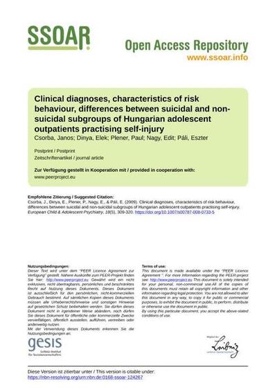 Clinical diagnoses, characteristics of risk behaviour, differences between suicidal and non-suicidal subgroups of Hungarian adolescent outpatients practising self-injury