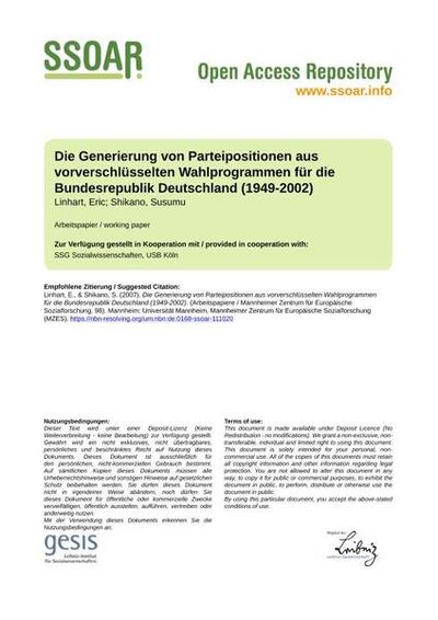 Die Generierung von Parteipositionen aus vorverschlüsselten Wahlprogrammen für die Bundesrepublik Deutschland (1949-2002)Generation of party standpoints from pre-encoded election programs for the Federal Republic of Germany (1949-2002)