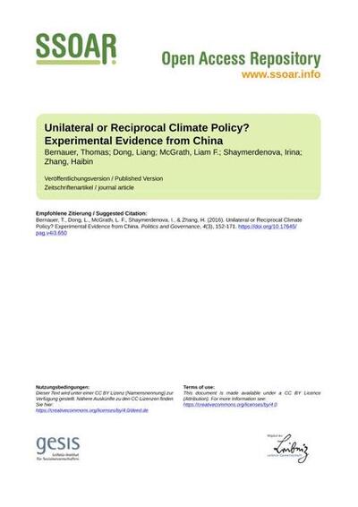Unilateral or Reciprocal Climate Policy? Experimental Evidence from China