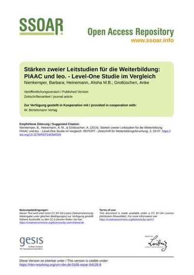 Stärken zweier Leitstudien für die Weiterbildung: PIAAC und leo. - Level-One Studie im Vergleich