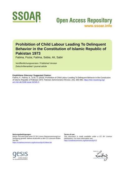 Prohibition of Child Labour Leading To Delinquent Behavior in the Constitution of Islamic Republic of Pakistan 1973