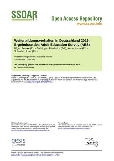 Weiterbildungsverhalten in Deutschland 2016: Ergebnisse des Adult Education Survey (AES)