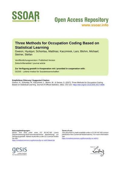Three Methods for Occupation Coding Based on Statistical Learning