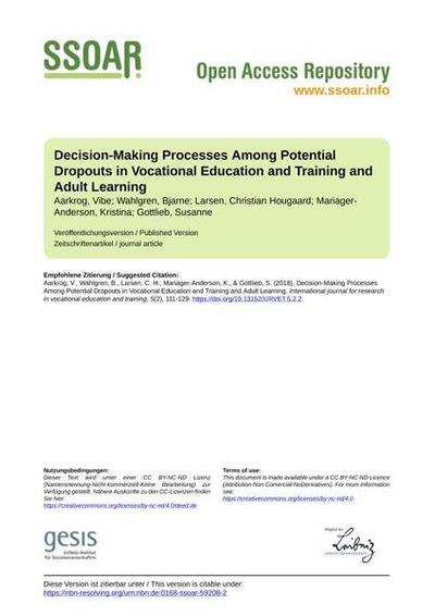 Decision-Making Processes Among Potential Dropouts in Vocational Education and Training and Adult Learning