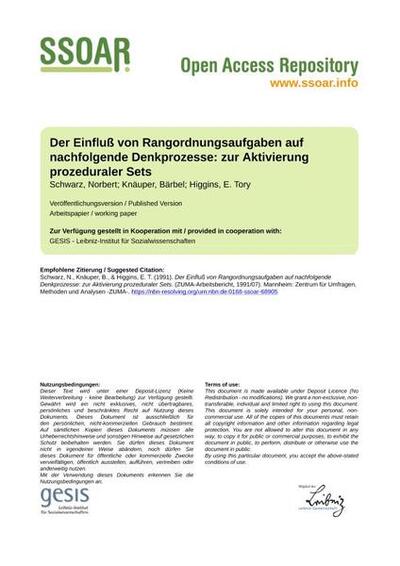 Der Einfluß von Rangordnungsaufgaben auf nachfolgende Denkprozesse: zur Aktivierung prozeduraler SetsThe influence of hierarchical tasks on subsequent thought processes: intensification of procedural sets