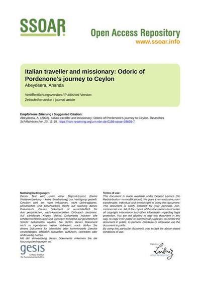 Italian traveller and missionary: Odoric of Pordenone's journey to CeylonDie Reise des italienischen Missionars Odoric von Pordenone nach Ceylon