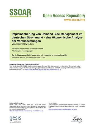 Implementierung von Demand Side Management im deutschen Strommarkt - eine ökonomische Analyse der Voraussetzungen