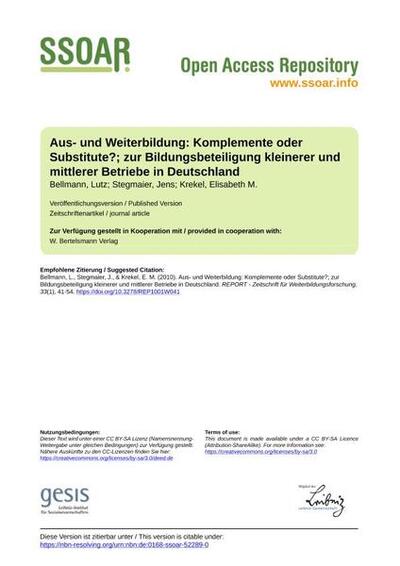 Aus- und Weiterbildung: Komplemente oder Substitute?; zur Bildungsbeteiligung kleinerer und mittlerer Betriebe in Deutschland