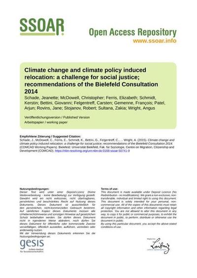 Climate change and climate policy induced relocation: a challenge for social justice; recommendations of the Bielefeld Consultation 2014