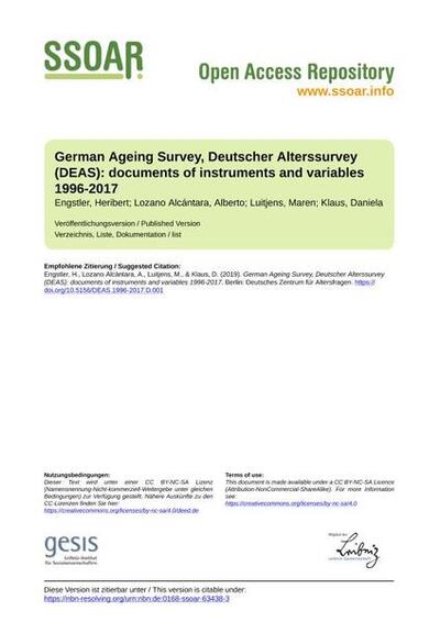 German Ageing Survey, Deutscher Alterssurvey (DEAS): documents of instruments and variables 1996-2017