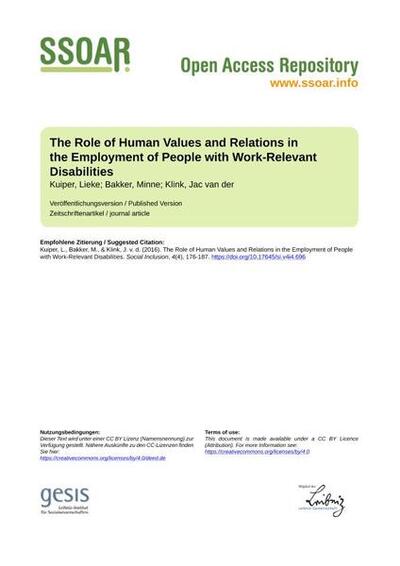 The Role of Human Values and Relations in the Employment of People with Work-Relevant Disabilities