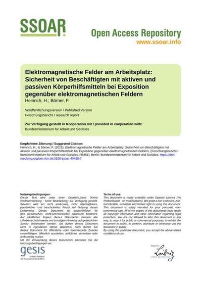 Elektromagnetische Felder am Arbeitsplatz: Sicherheit von Beschäftigten mit aktiven und passiven Körperhilfsmitteln bei Exposition gegenüber elektromagnetischen Feldern