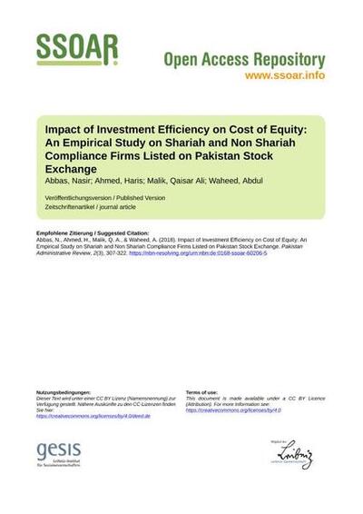 Impact of Investment Efficiency on Cost of Equity: An Empirical Study on Shariah and Non Shariah Compliance Firms Listed on Pakistan Stock Exchange