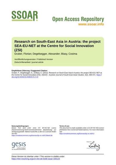 Research on South-East Asia in Austria: the project SEA-EU-NET at the Centre for Social Innovation (ZSI)
