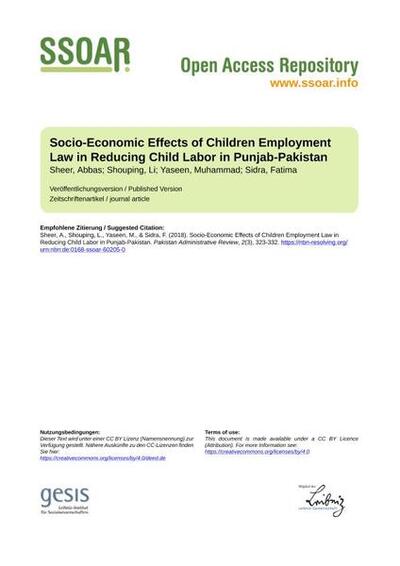 Socio-Economic Effects of Children Employment Law in Reducing Child Labor in Punjab-Pakistan